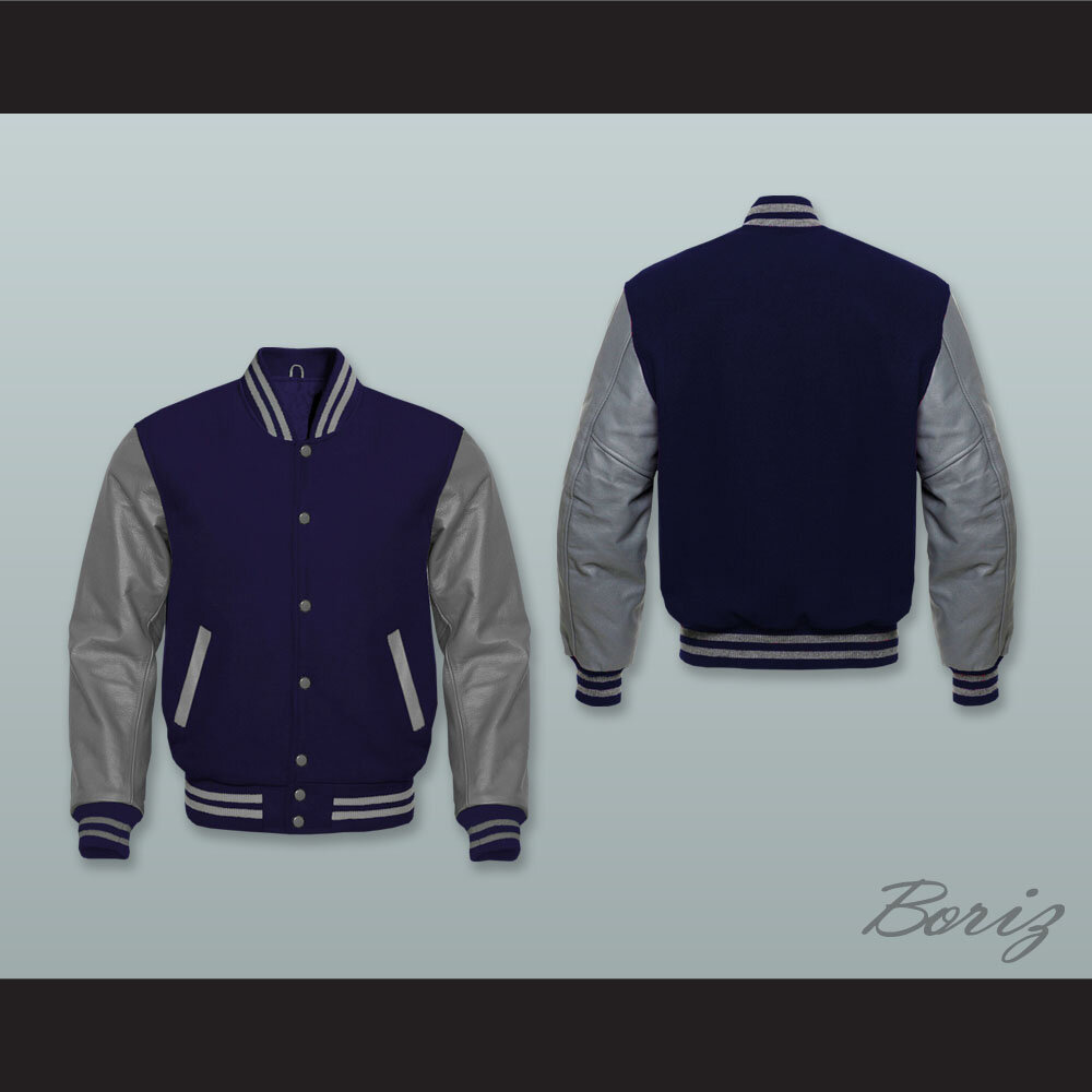Navy Blue Wool and Gray Lab Leather Varsity Letterman Jacket — BORIZ